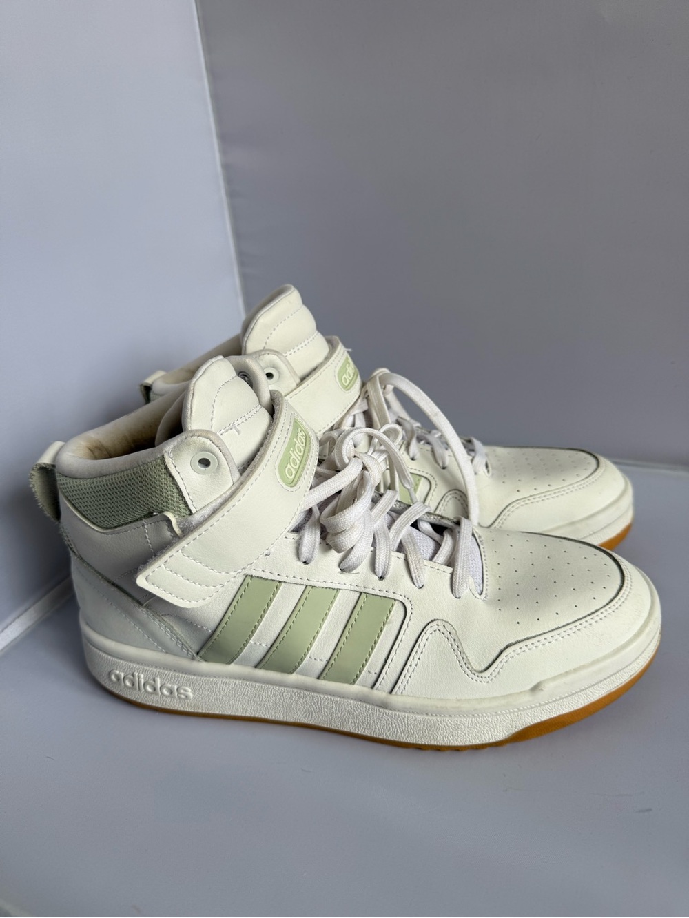 Adidas High-Top Sneakers in White and Sage Green Womens Size 10